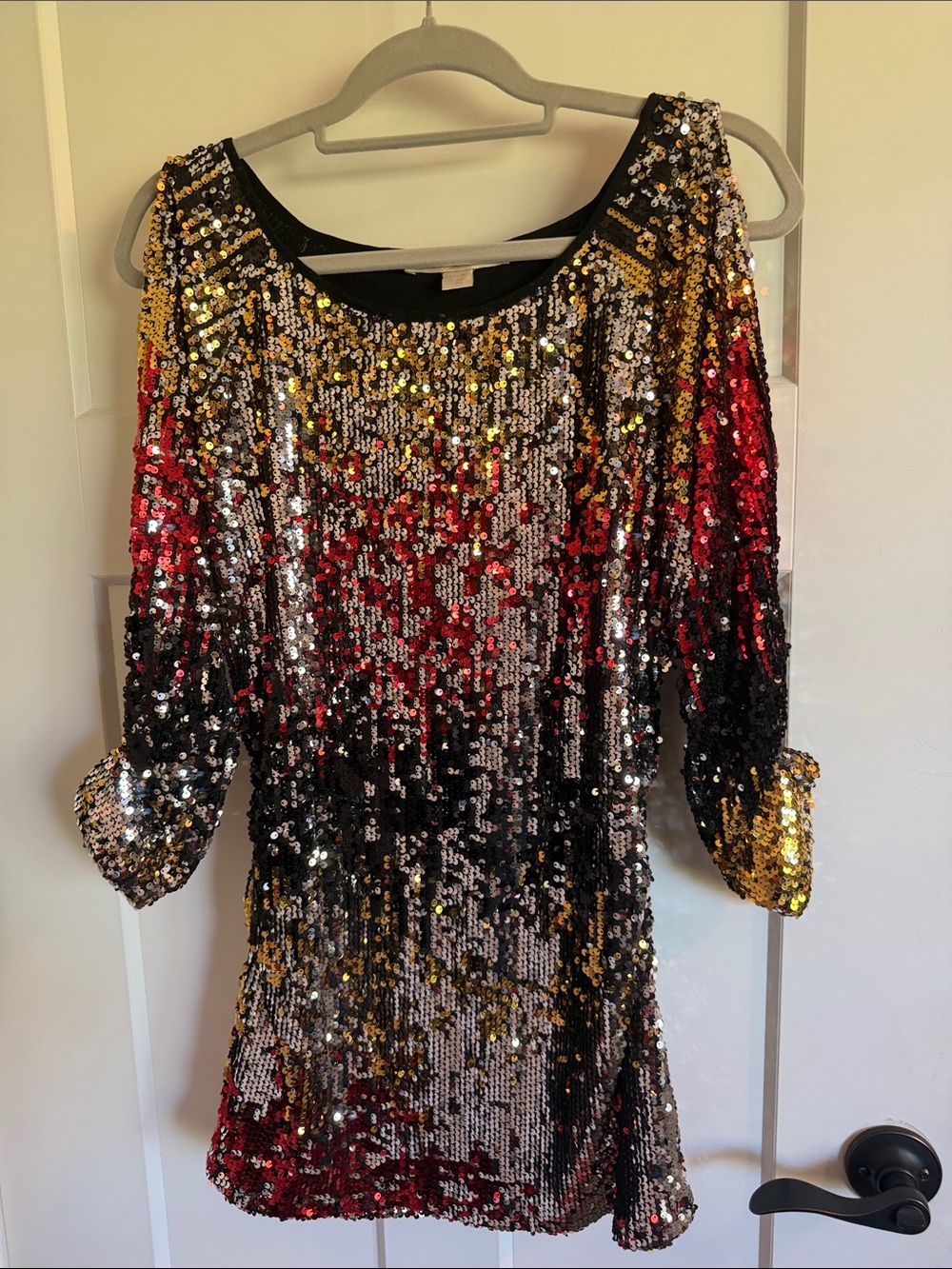 Boston Proper Sequined Long Sleeve Mini Dress in Gold, Red & Black and Gold